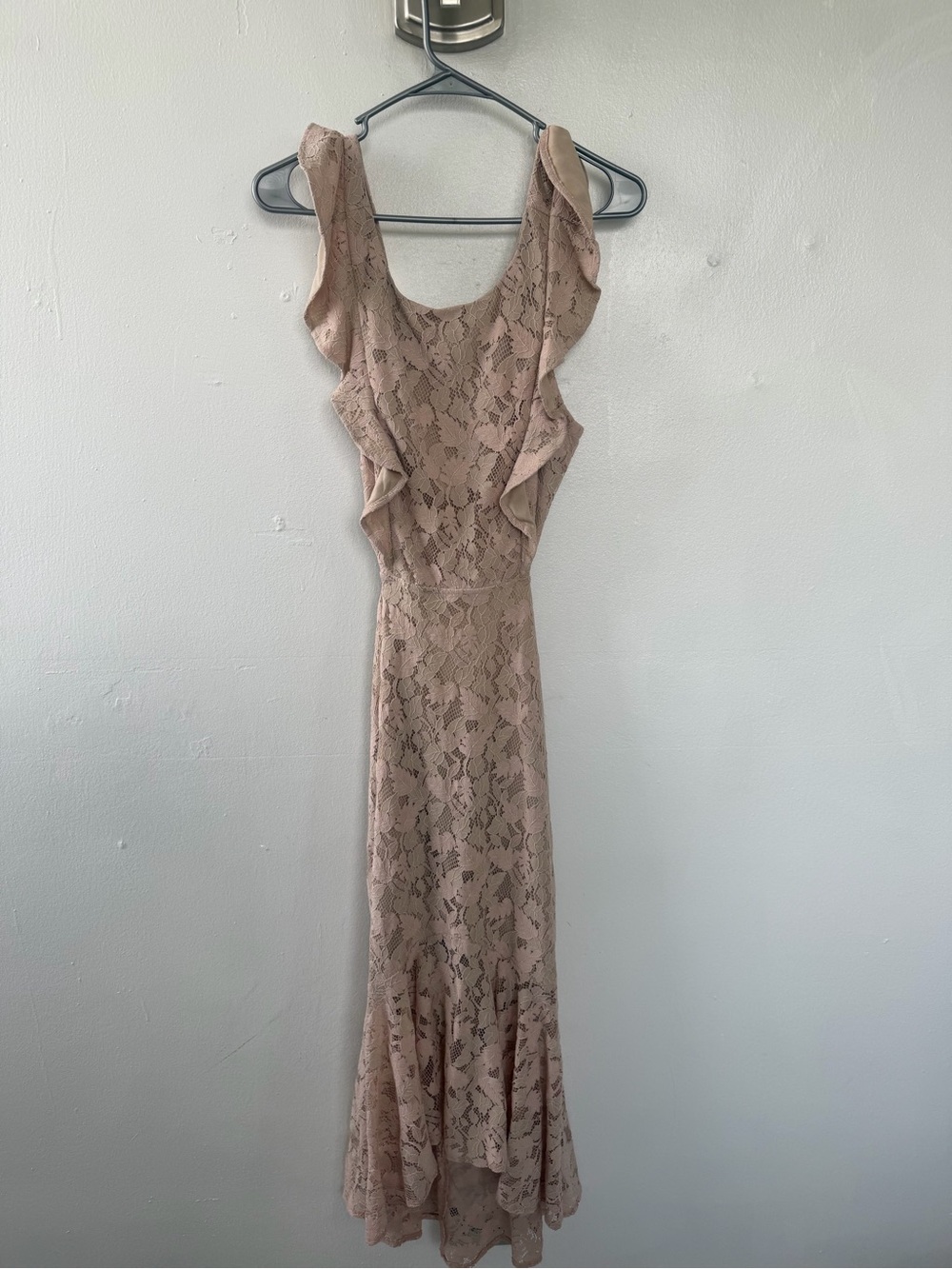 Lace Ruffle Midi Dress in Blush - Women's Elegant Occasion Dress